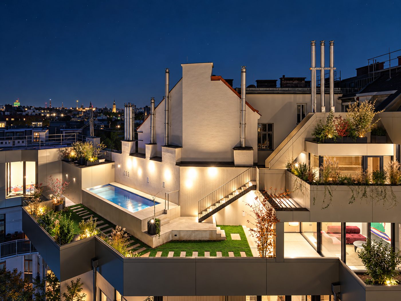 Penthouse 1050 – Dachterrasse mit Pool bei Abendlicht