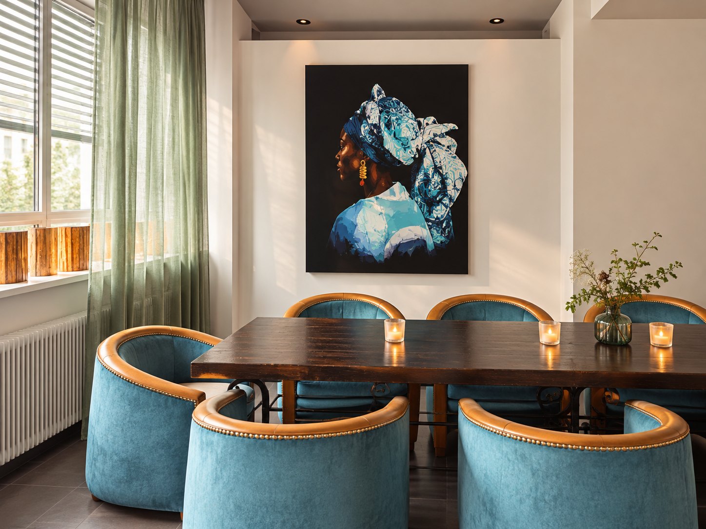 Chez Christine 1190 – Privatraum mit blauen Samtstühlen und Wandgemälde